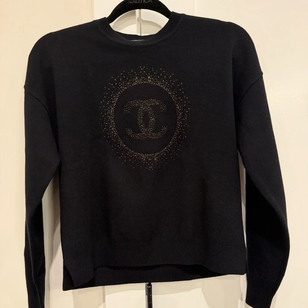 CHANEL Uniform Black Cotton Sweater W Gold Metallic CC Logo Size S designer NEW